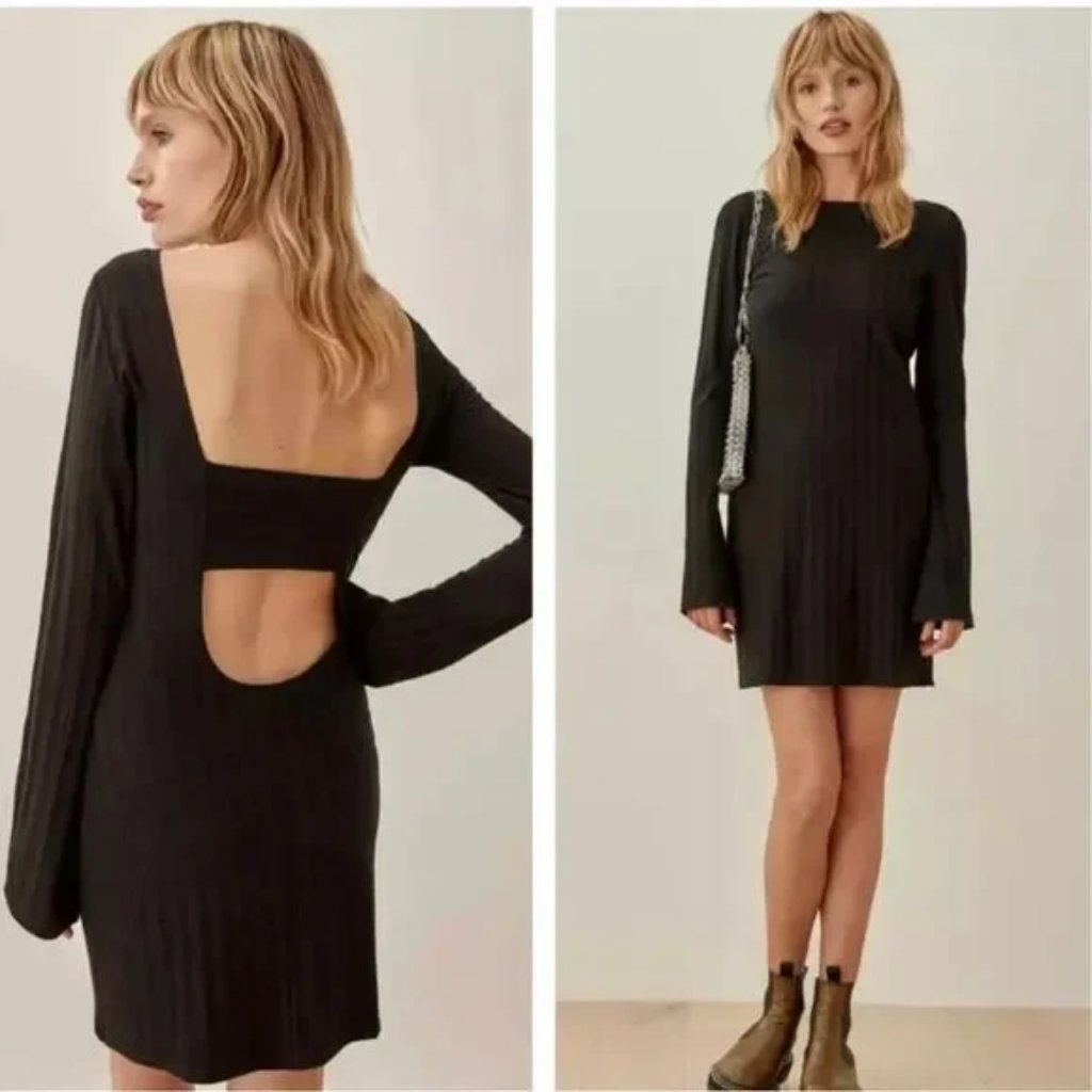 New Reformation Cait Open Back Long Sleeve Minidress In Black - Size S #1243